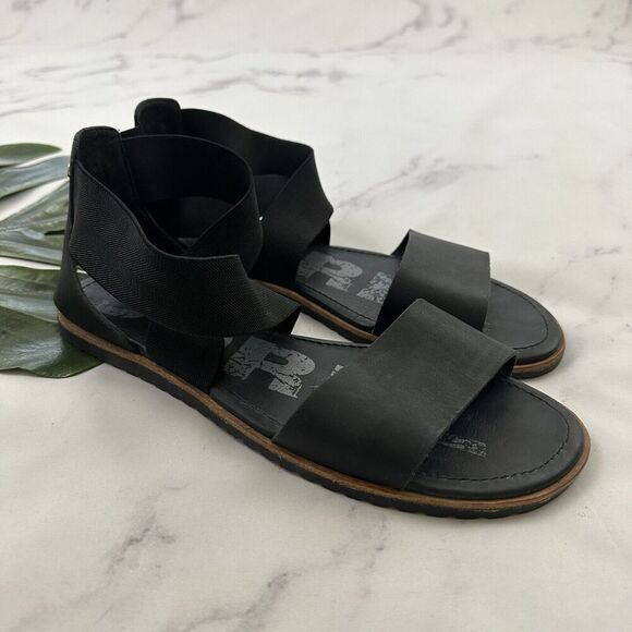 Sorel Womens Ella Flat Sandals Size 10 Black Leather Ankle Wrap Straps - Picture 1 of 7